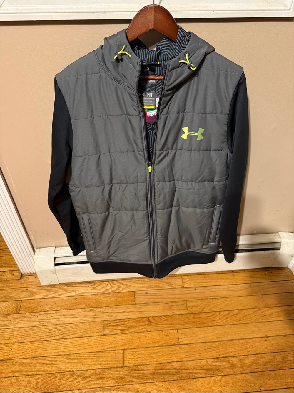 Under Armour Men’s Gray and Black Hooded Puffer Jacket with Neon Lime Logo